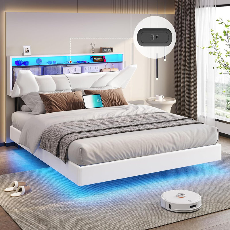 Ivy Bronx Queen Floating Bed Frame With Rgb Led Lights Usb Type C Port Upholstered Queen Size Platform Bed Frame With Storage Headboard And Hidden Storage no Box Spring Needed White